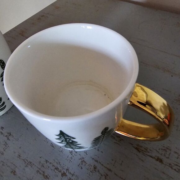 Starbucks Pine Trees Christmas  Coffee Mug Cup Christmas 14oz PAIR Gold 2015 - Picture 3 of 8